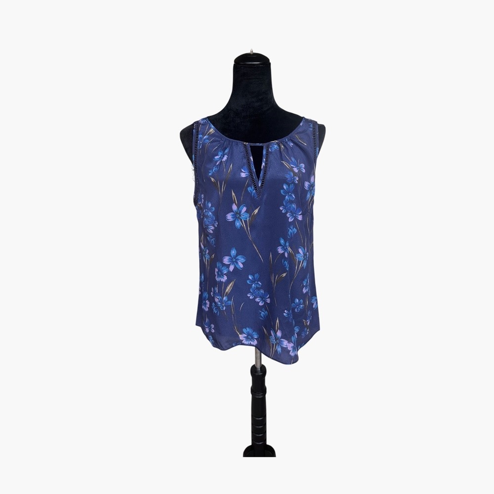 Greylin 100% Silk Floral Sleeveless Blouse Navy Blue Keyhole Top KT4298 Medium